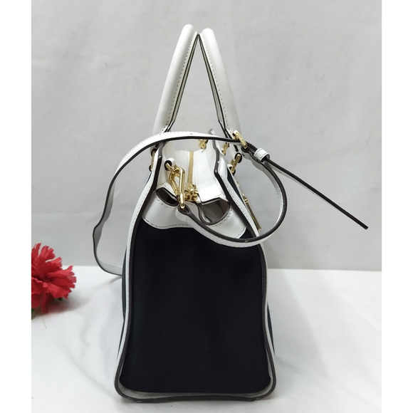 Michael Kors Selma Black White Canvas East West Double Handles Satchel Bag - Picture 5 of 16